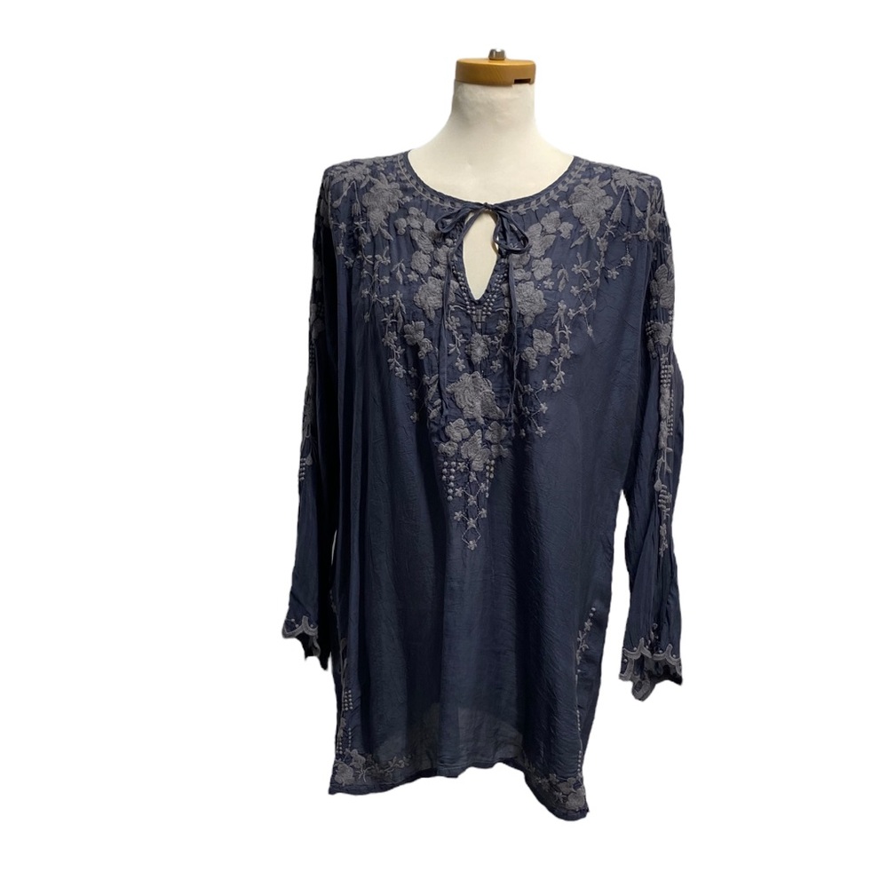 Johnny Was Navy Embroidered Blouse